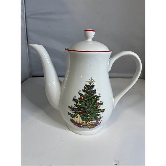 Cuthbertson American Christmas Tree Coffee/Tea Pot Red Rim With Lid VTG 9" - Picture 1 of 8